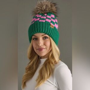 Green & Pink Checkered Knit Pom Beanie